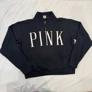 Victoria's Secret PINK Quarter Zip Sweatshirt Black White Spellout Logo Medium